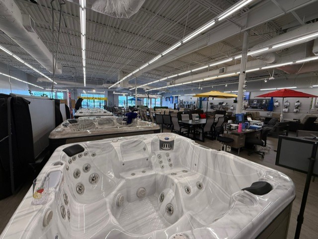 Hot tubs on the showroom floor at Galaxy Pool Spa Patio Fort Worth