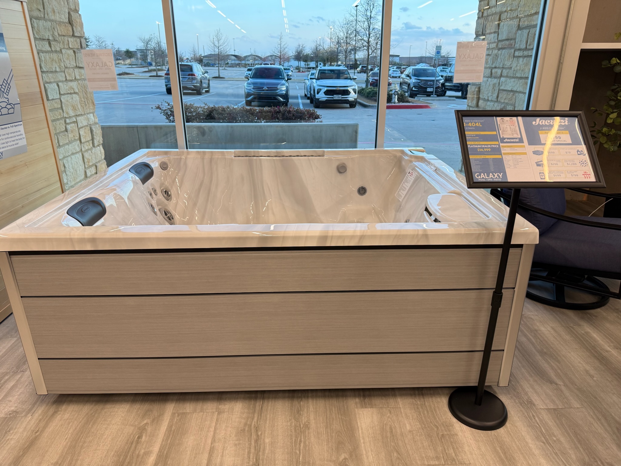Hot tubs on the showroom floor at Galaxy Pool Spa Patio Prosper