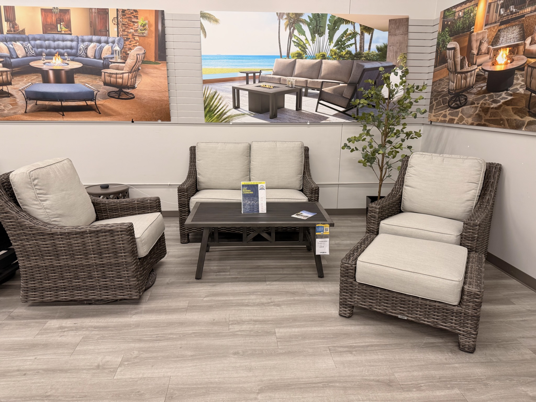 Outdoor patio sets on display at our Prosper, TX showroom