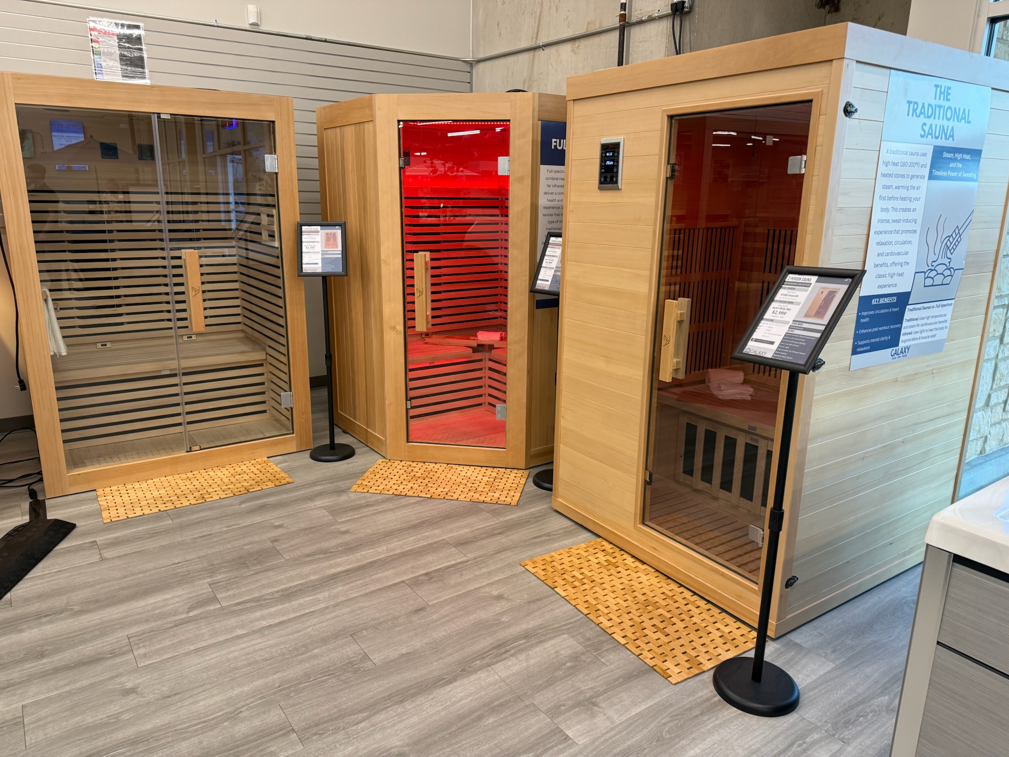Sauna on the showroom floor at our Prosper, TX location